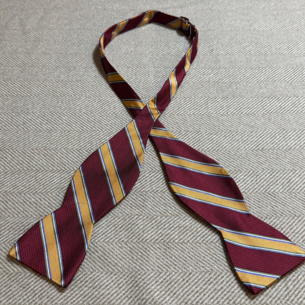 Beau Ties Ltd of Vermont Silk Bow Tie Burgundy Gold Blue Repp Stripe Hand Sewn